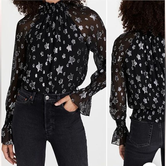 Ramy Brook Stassi Silk Blend Metallic Star Print Mock Neck Blouse - Picture 3 of 10